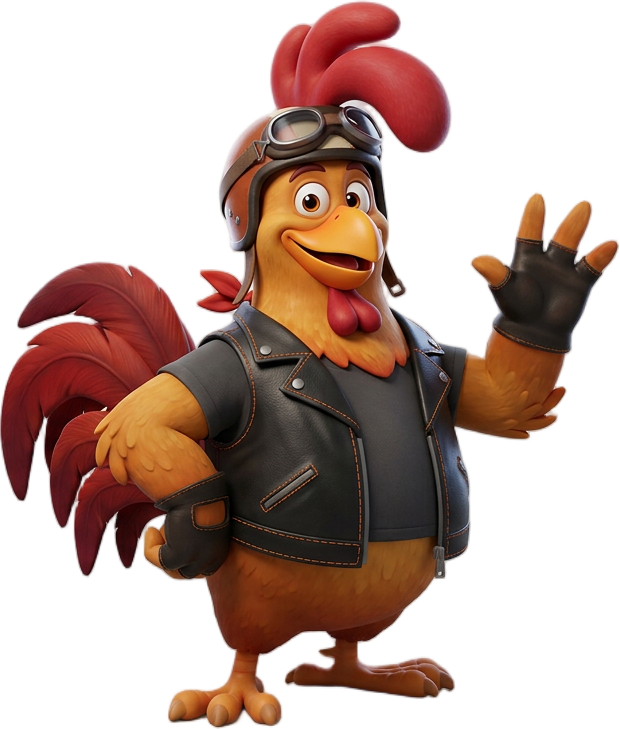 Tuso el Gallo, la mascota de Motos Tuso, con casco y chaqueta de cuero, saludando
